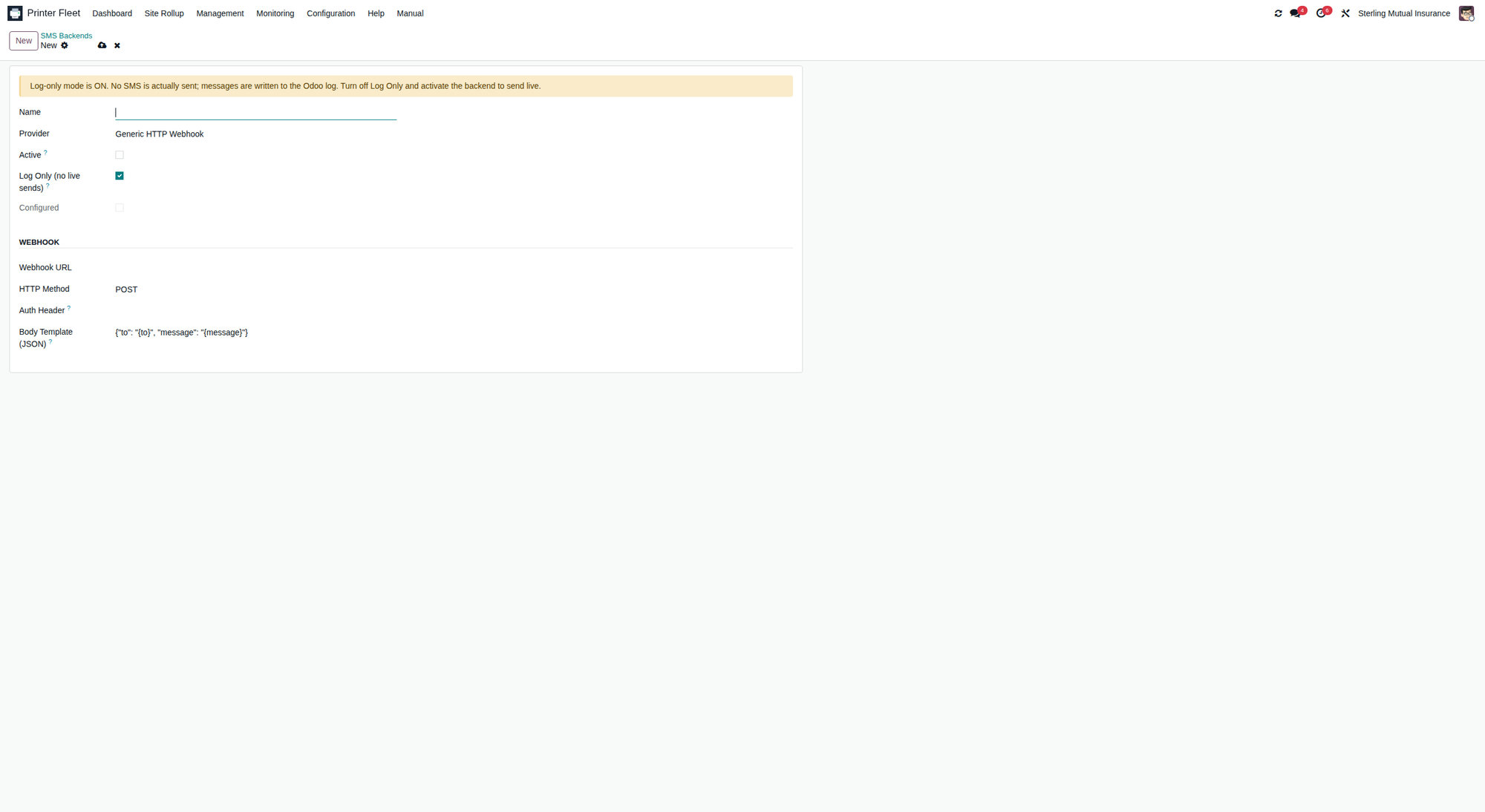 SMS backend form with Provider and Log Only