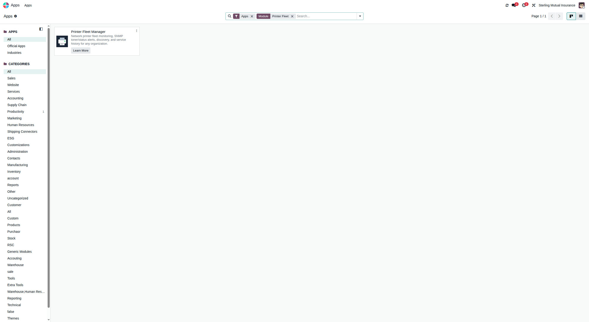 Printer Fleet app tile in the Odoo apps menu