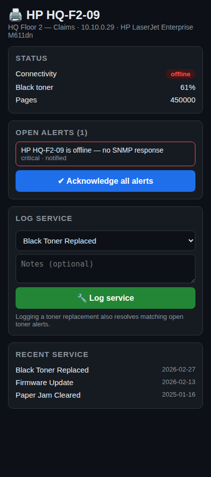 Mobile technician page with acknowledge and log-service buttons