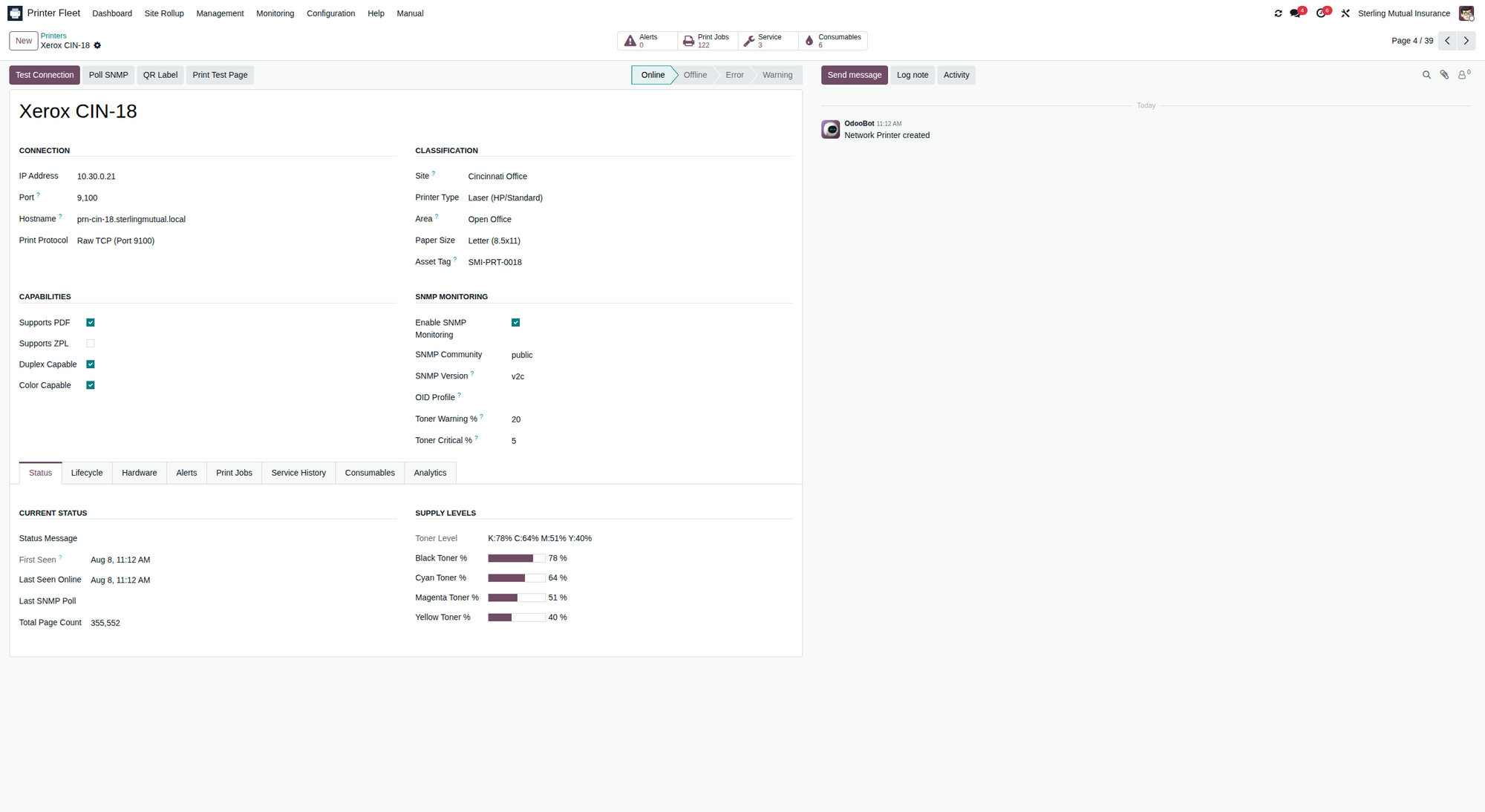 Printer form supply levels and lifecycle section